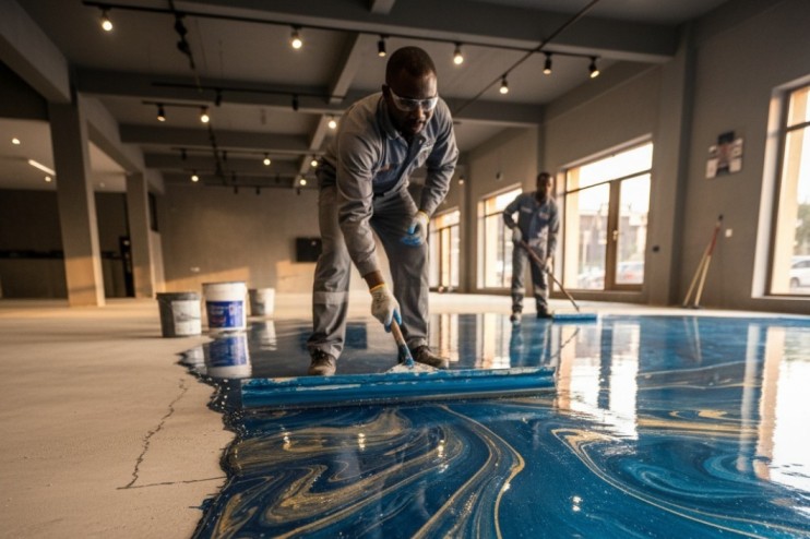Epoxy flooring in Nigeria being applied on concrete floor.