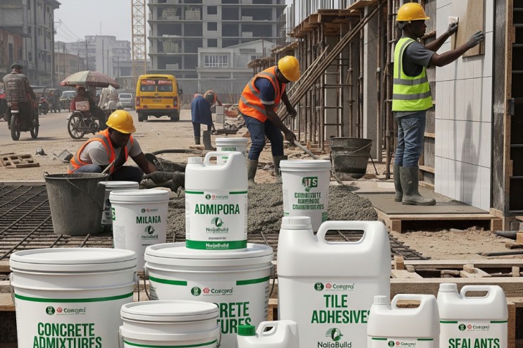 Workers applying construction chemicals in Nigeria on site