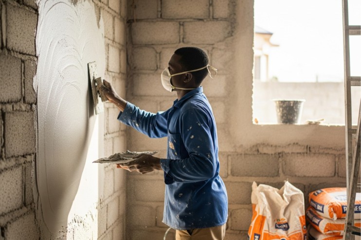 Worker applying wall putty in Nigeria on interior walls.