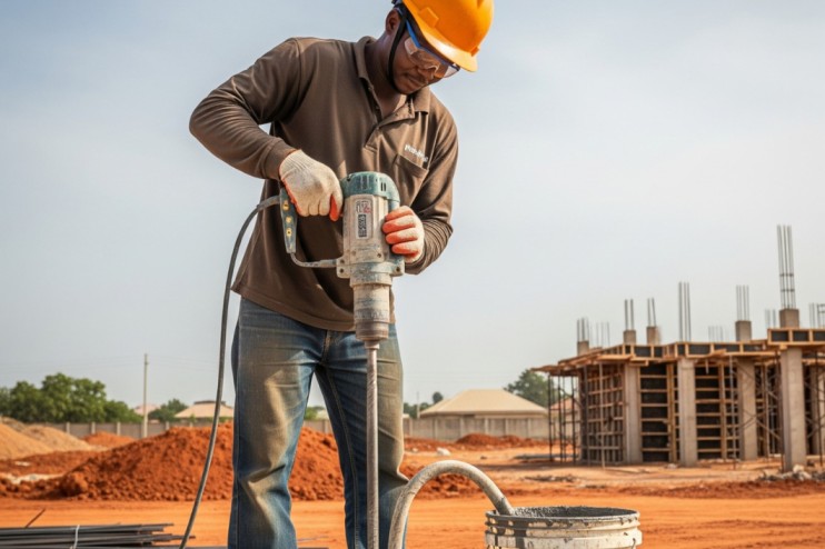 Worker performing grout anchoring in Nigeria at construction site.