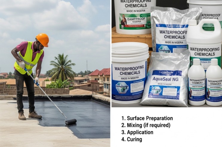 Worker applying waterproofing chemicals in Nigeria on rooftop.