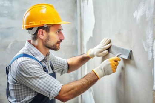 Construction worker applying wall putty in Nigeria on interior wall