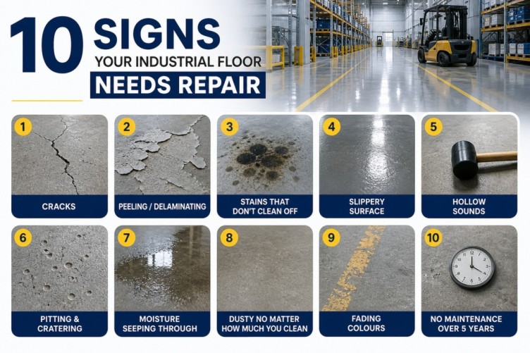 Damaged industrial floor with cracks and restored epoxy surface after industrial flooring repair in Nigeria